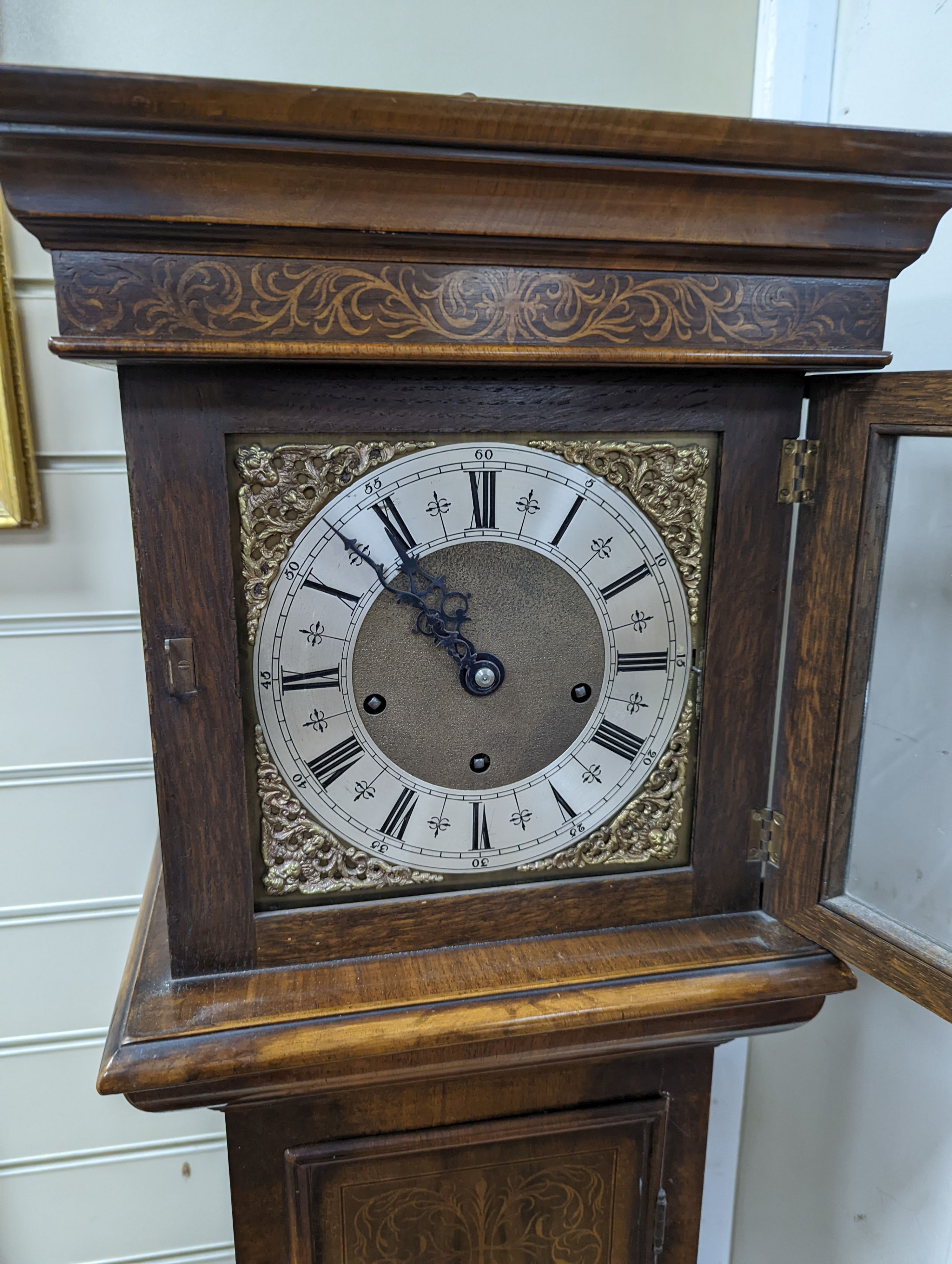 A William and Mary style seaweed marquetry inlaid walnut grandmother clock, height 166cm